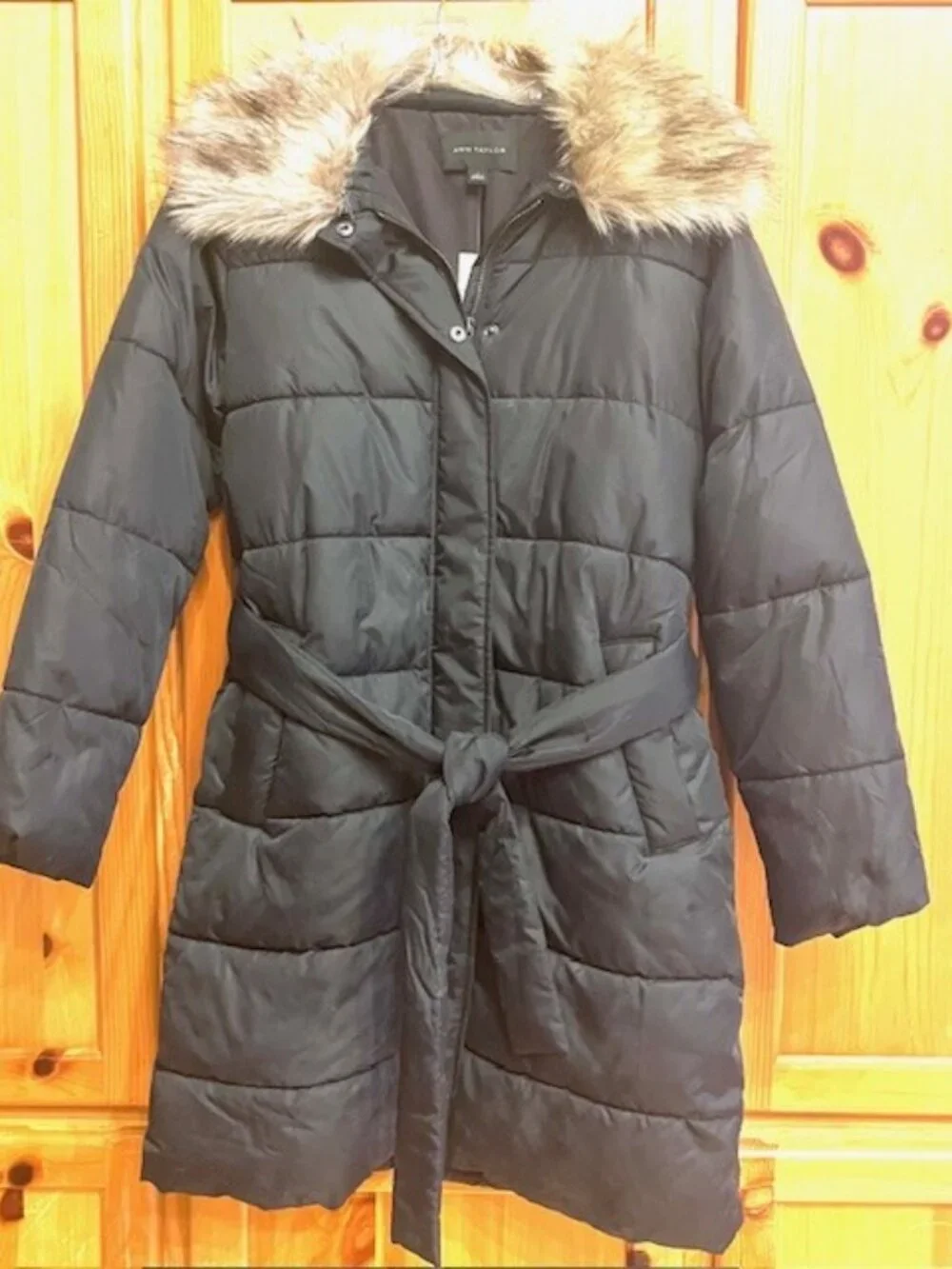Ann Taylor Black Puffer Coat Faux Fur Collar Belted Mid Length